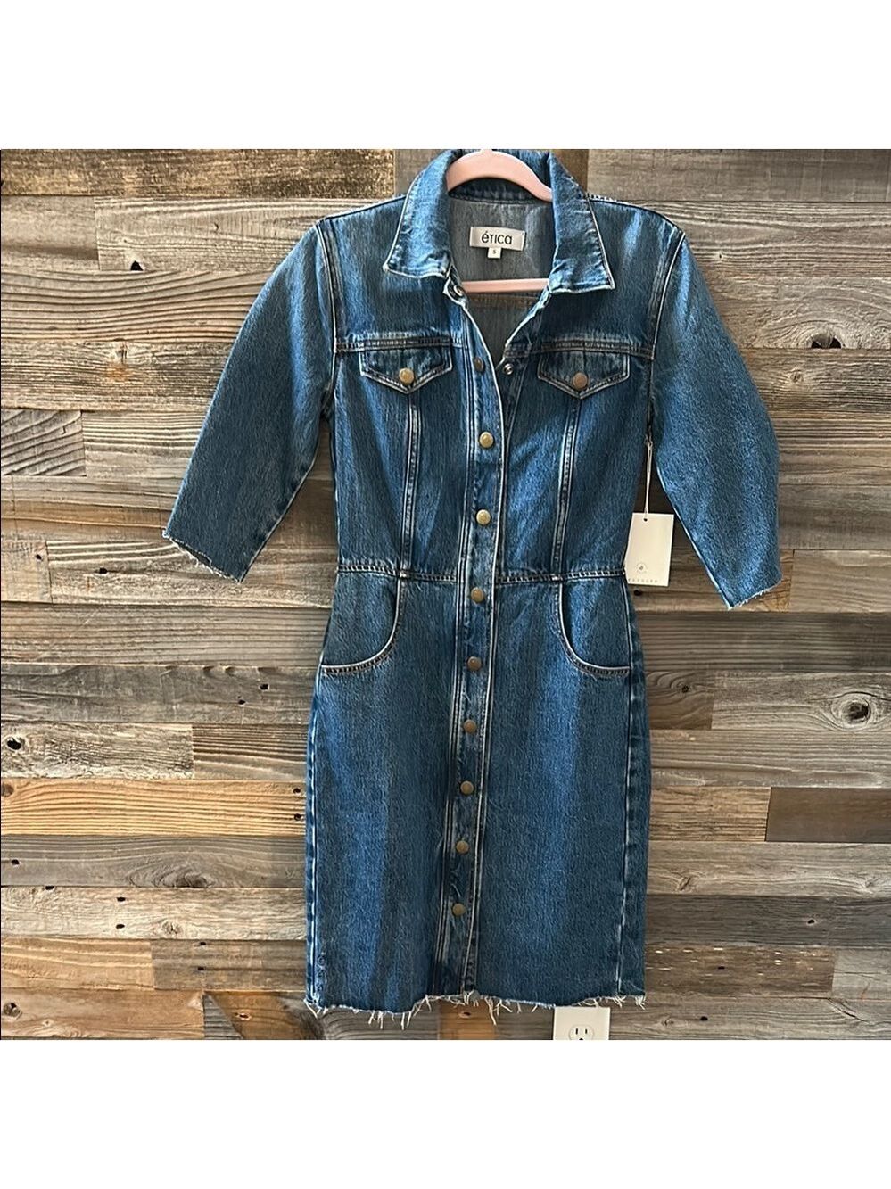 Etica Denim Snap Front 3/4 Sleeve Raw Hem Jordyn Trucker Jean Dress Size S NWT - Picture 4 of 13